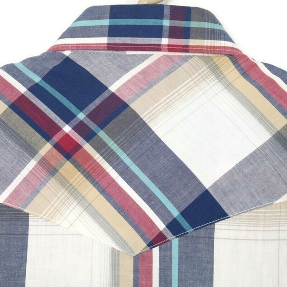 Vintage Wrangler Western Shirt White Blue Red Tan Plaid Pearl Snap XL - Picture 9 of 12